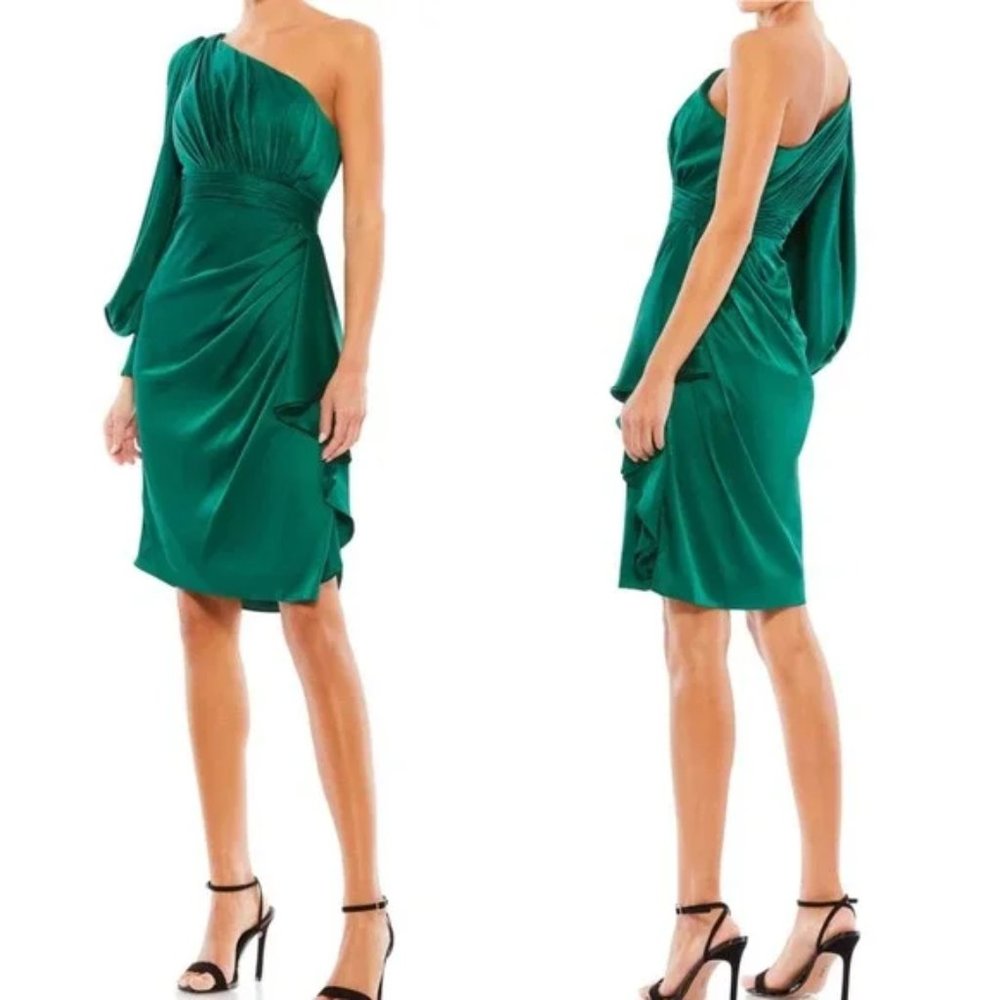 Ieena Mac Duggal Emerald Green Satin One Shoulder Cocktail Dress , sz 10, NEW